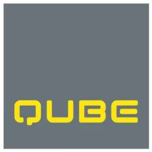 Yellow QUBE logo on gray background